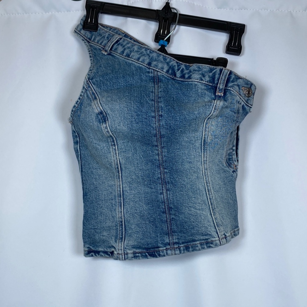 Zara TRF Asymmetric Denim Top in Blue Sz XS Festival Summer Edgy Chic